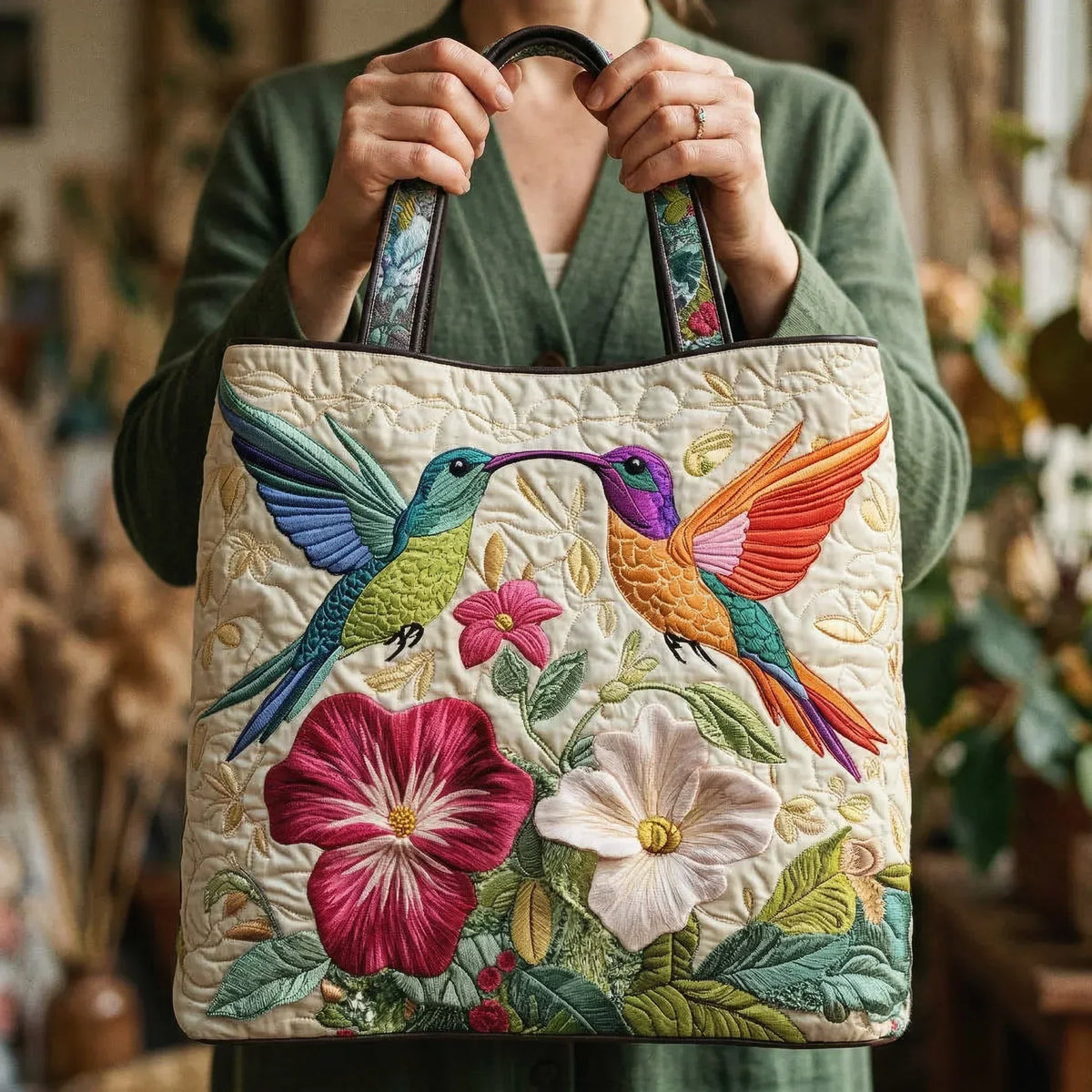 Bolso acolchado con colibrí y flores blancas