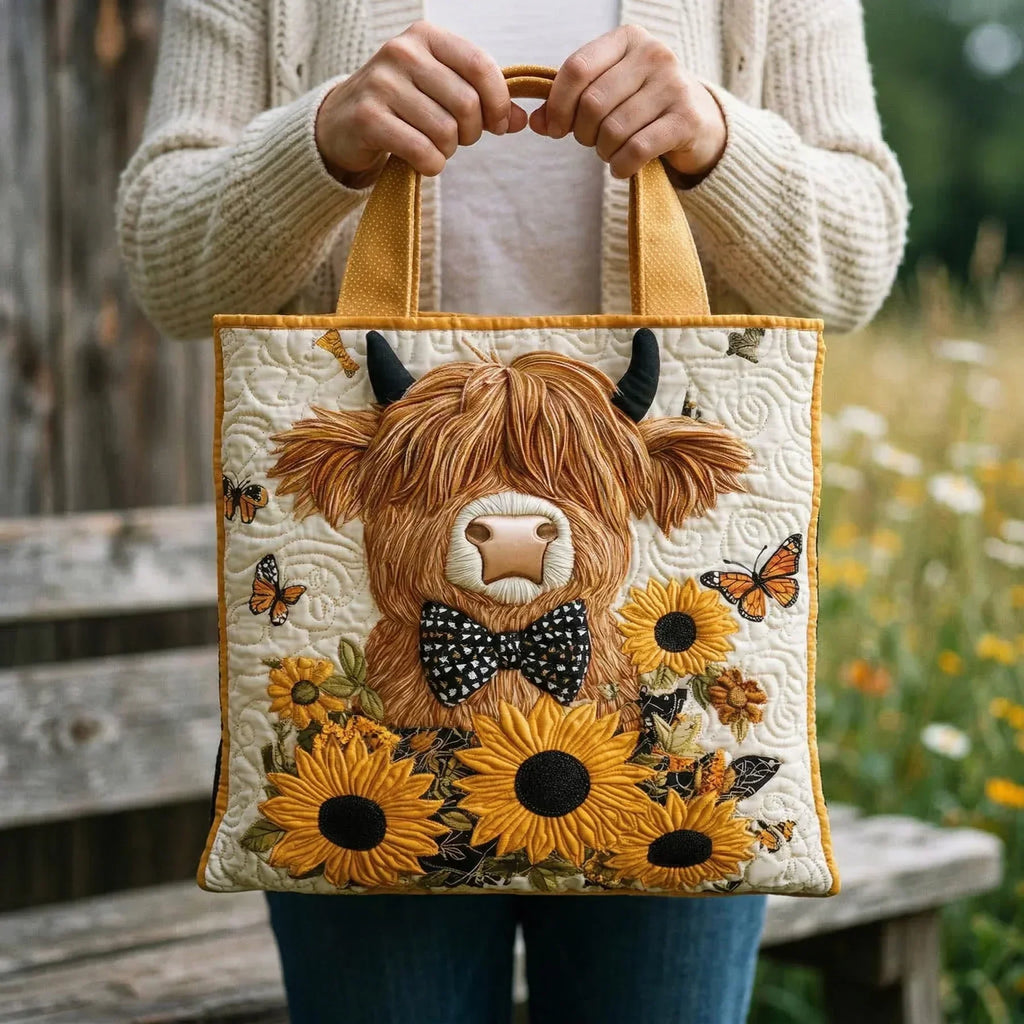 Bolso acolchado con vaca de las Highlands y girasoles