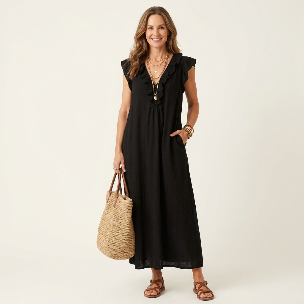 Josette | Vestido largo con volantes y cuello de pico