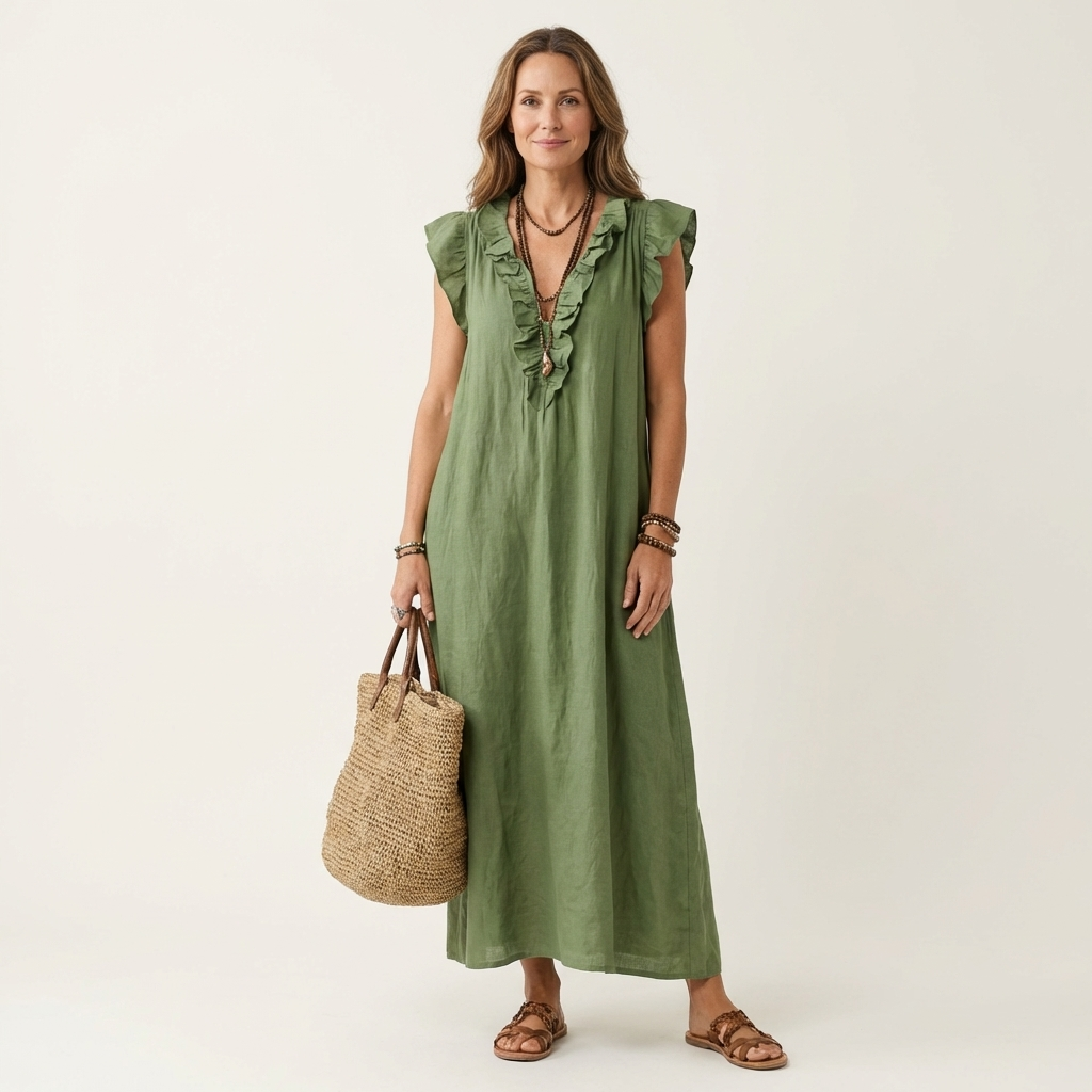 Josette | Vestido largo con volantes y cuello de pico