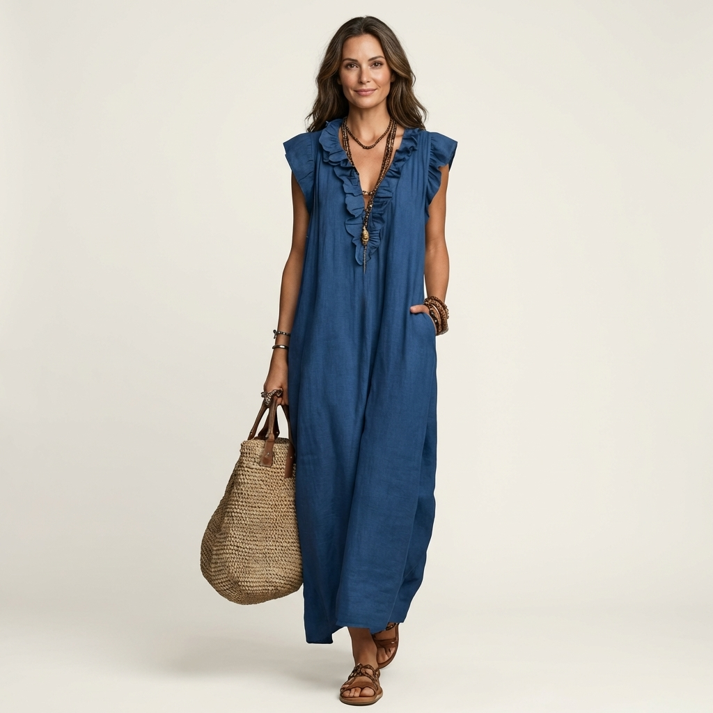 Josette | Vestido largo con volantes y cuello de pico