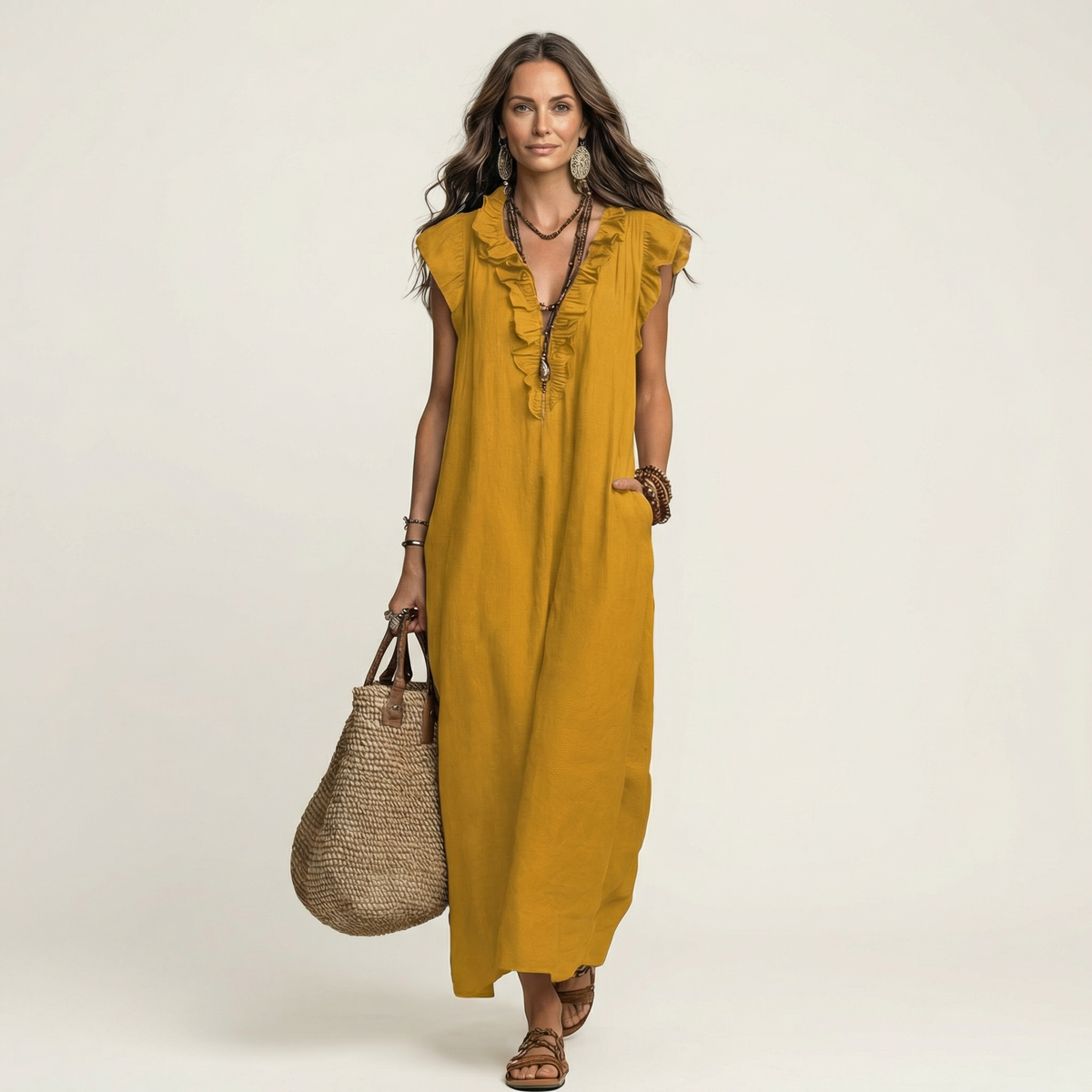 Josette | Vestido largo con volantes y cuello de pico