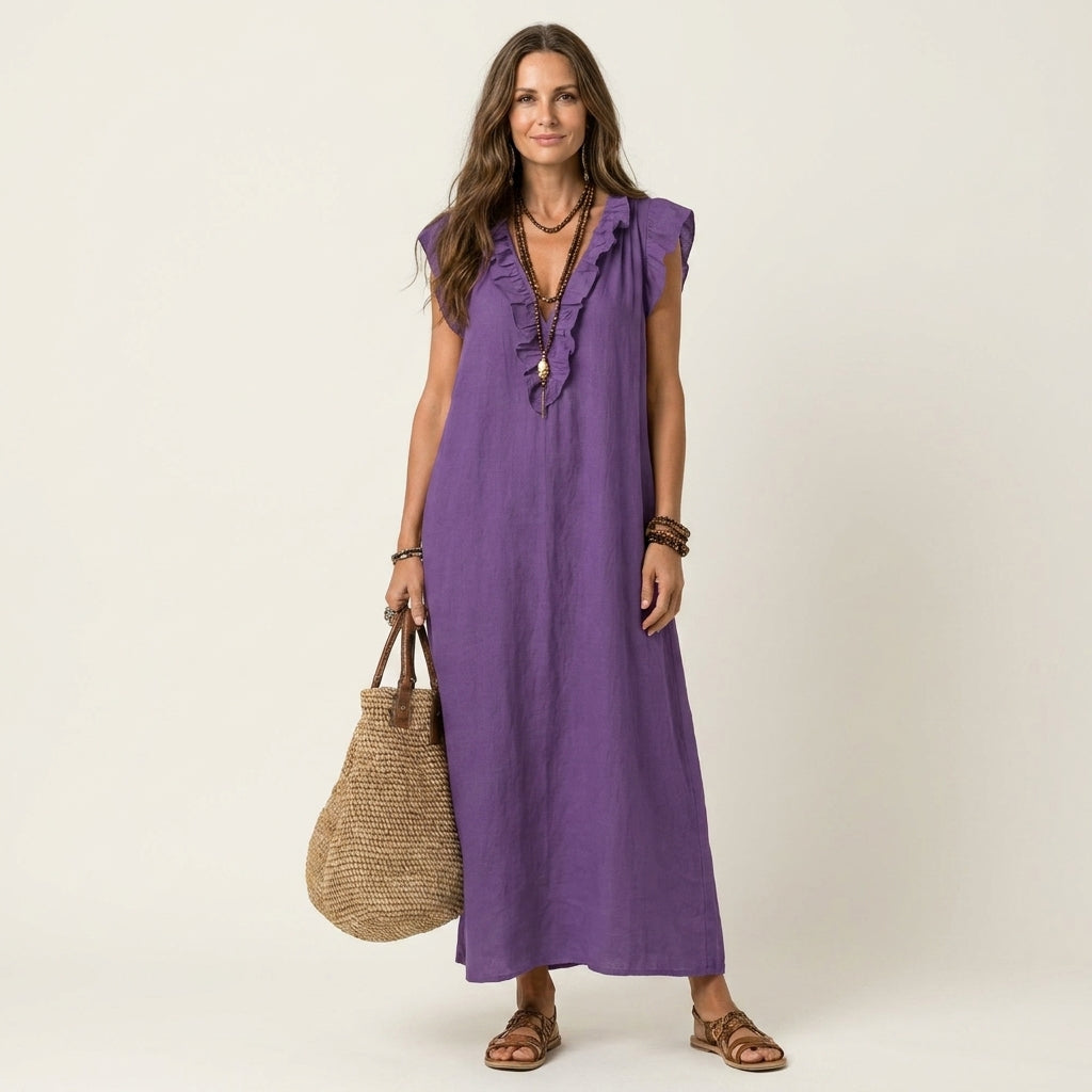 Josette | Vestido largo con volantes y cuello de pico