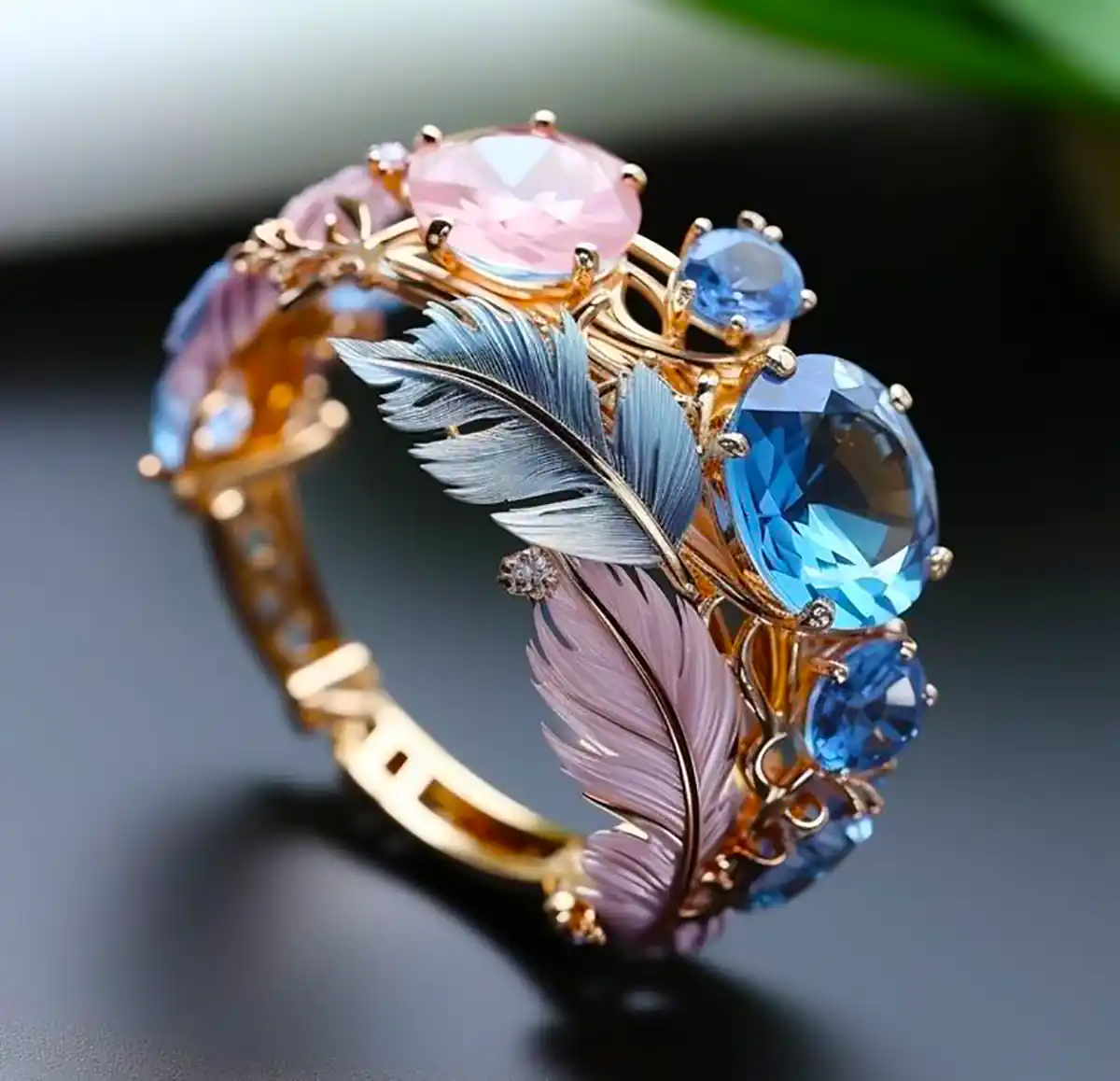 Anillo vintage exótico de pluma con cristal