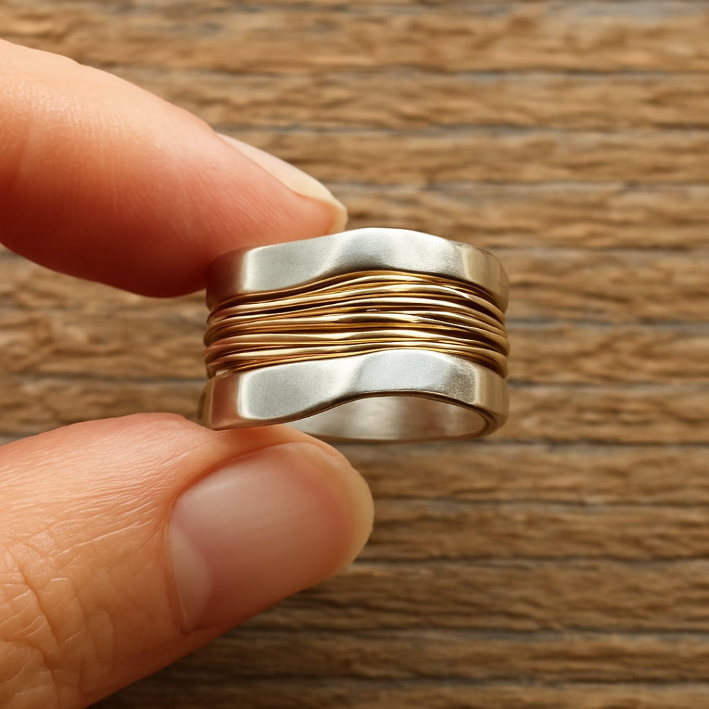 Anillo de hilos plateados y dorados