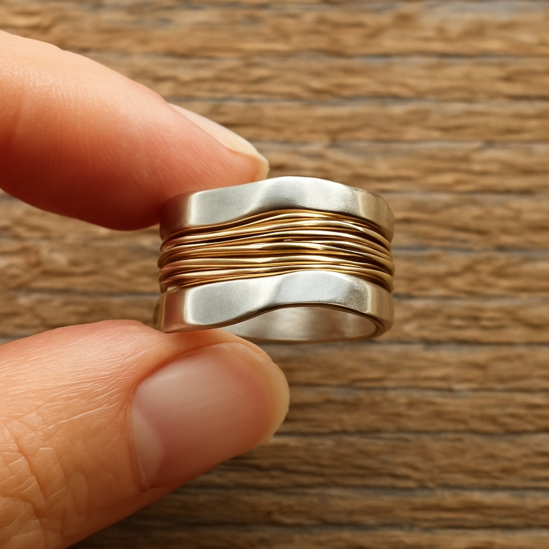 Anillo de hilos plateados y dorados