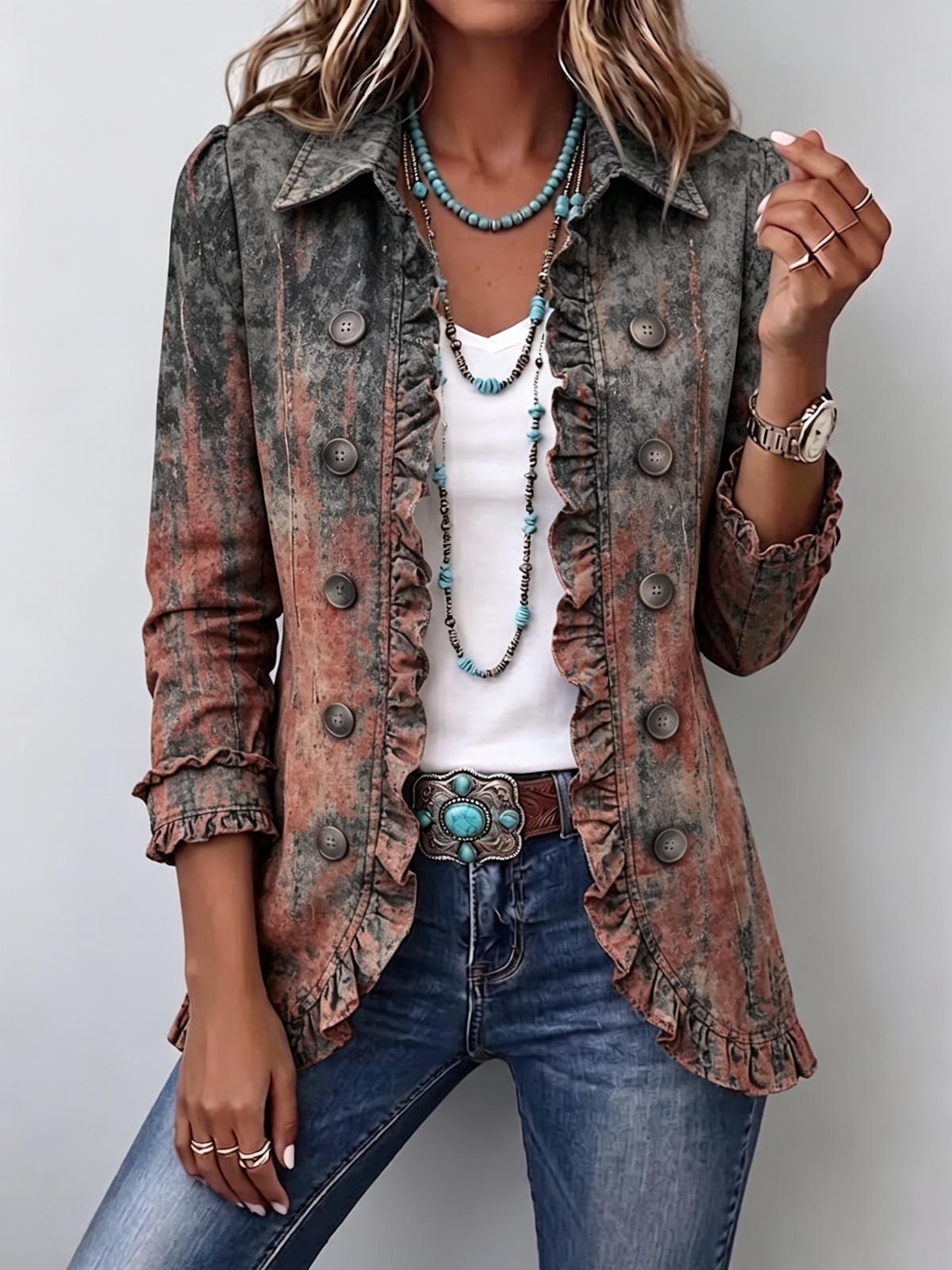 Bristow | Chaqueta vintage con volantes y estampado degradado texturizado