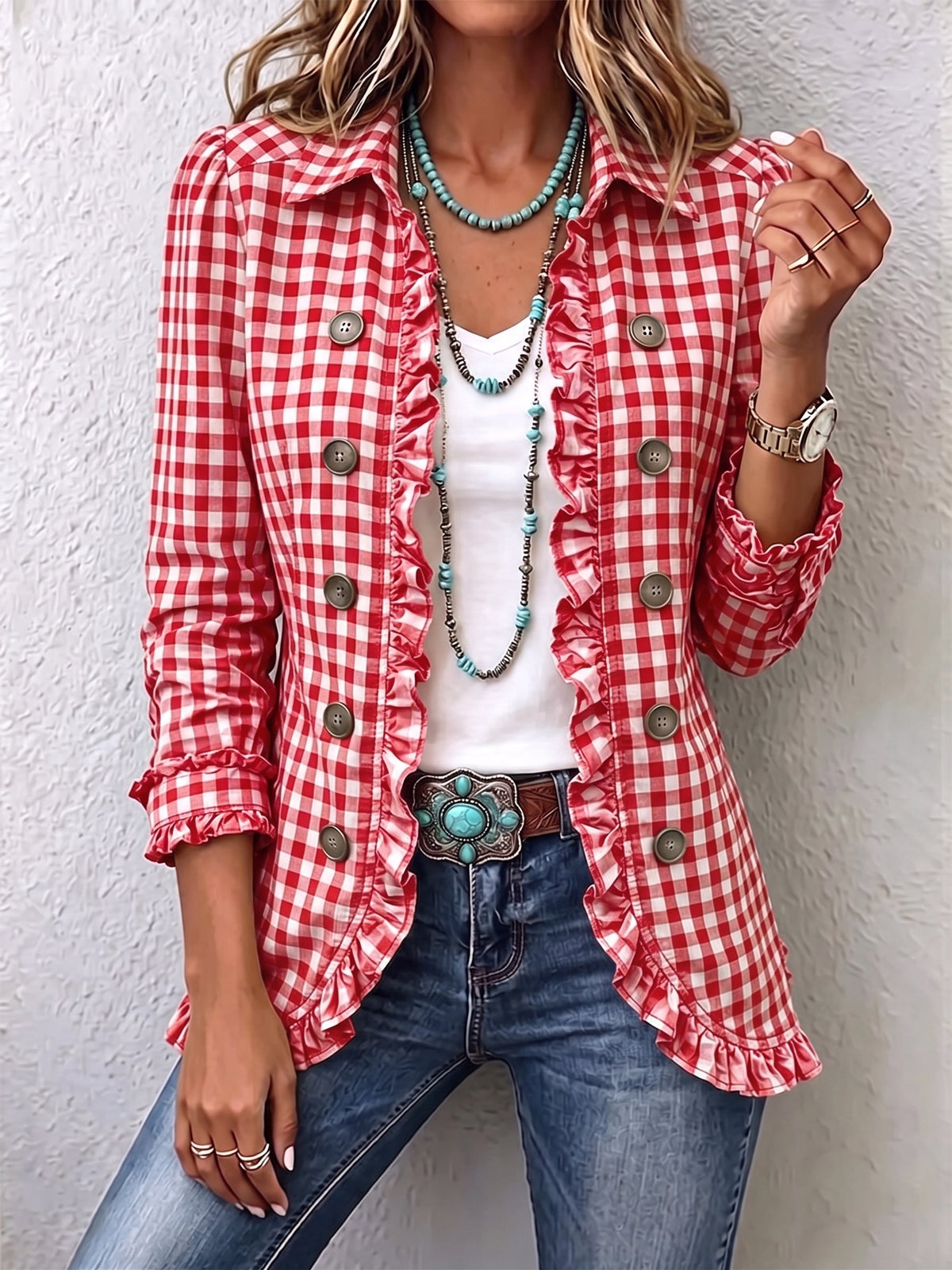 Charlene | Chaqueta de cuadros con volantes y botones