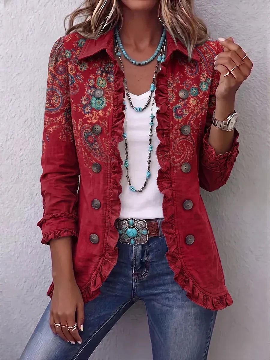 Fayrene | Chaqueta bohemia con volantes y estampado paisley