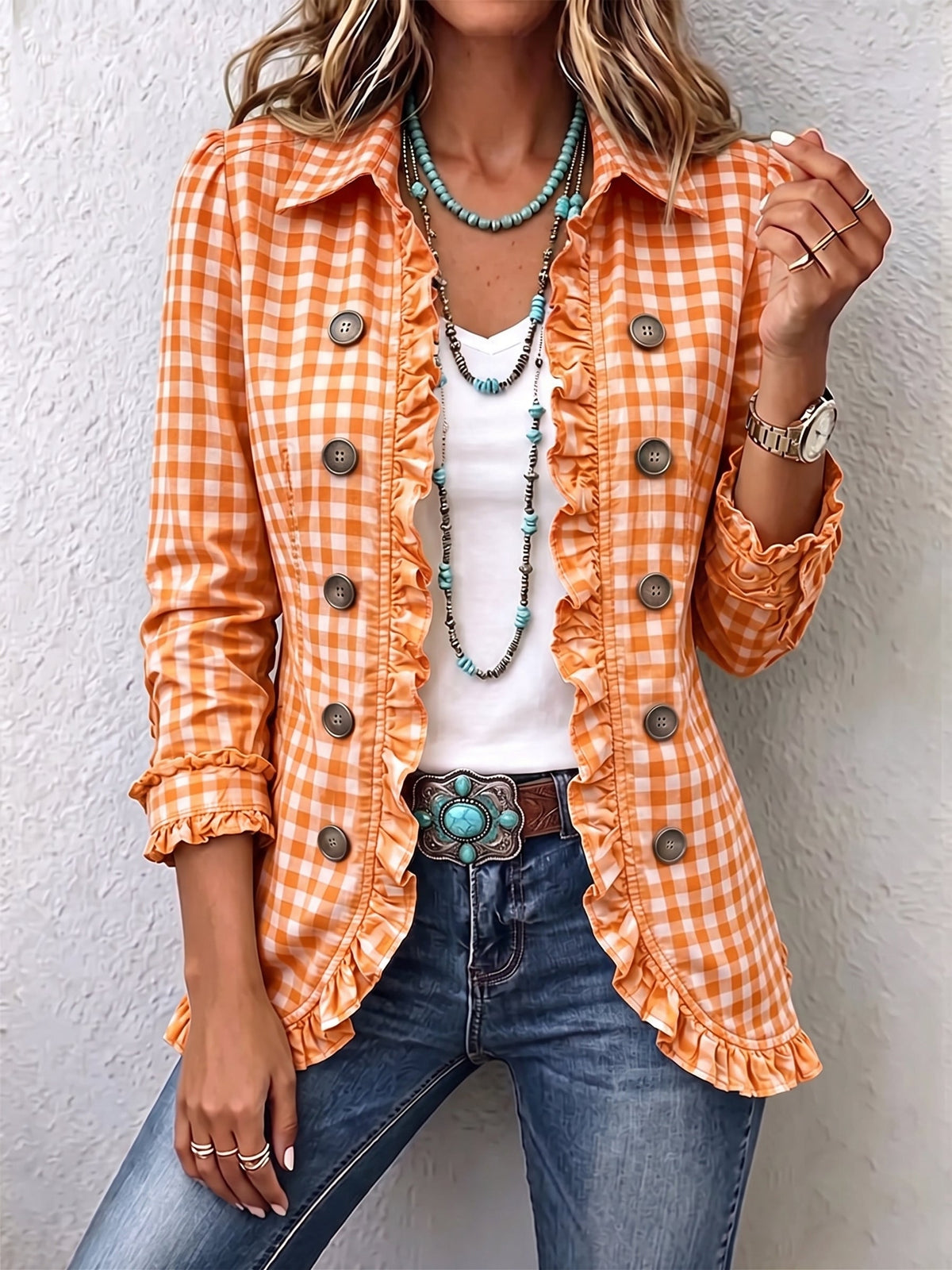 Charlene | Chaqueta de cuadros con volantes y botones
