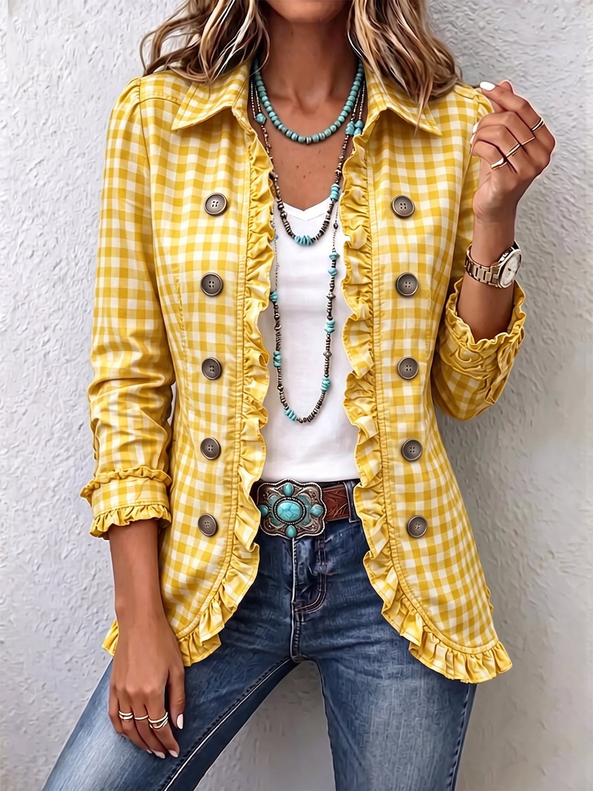 Charlene | Chaqueta de cuadros con volantes y botones