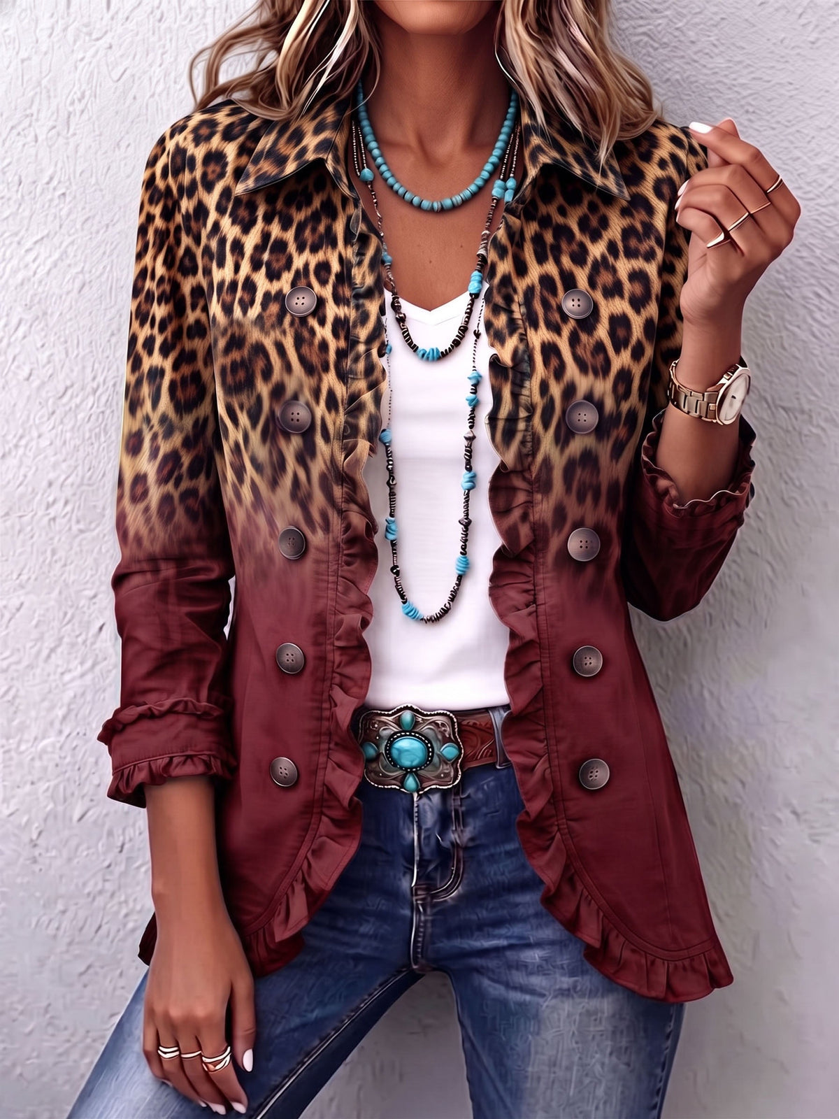 Elspeth | Chaqueta blazer de leopardo en degradado con volantes