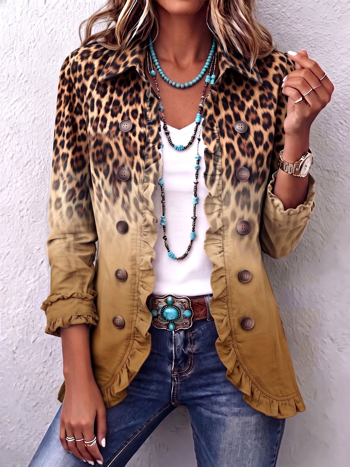 Maelys | Chaqueta blazer de leopardo en degradado con volantes