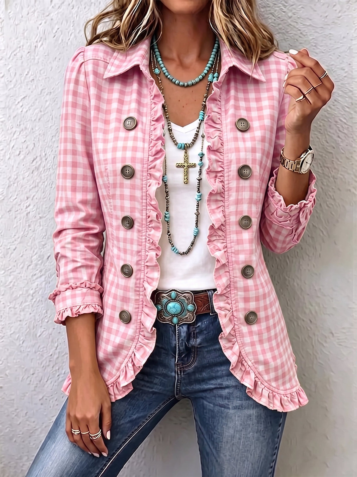 Charlene | Chaqueta de cuadros con volantes y botones