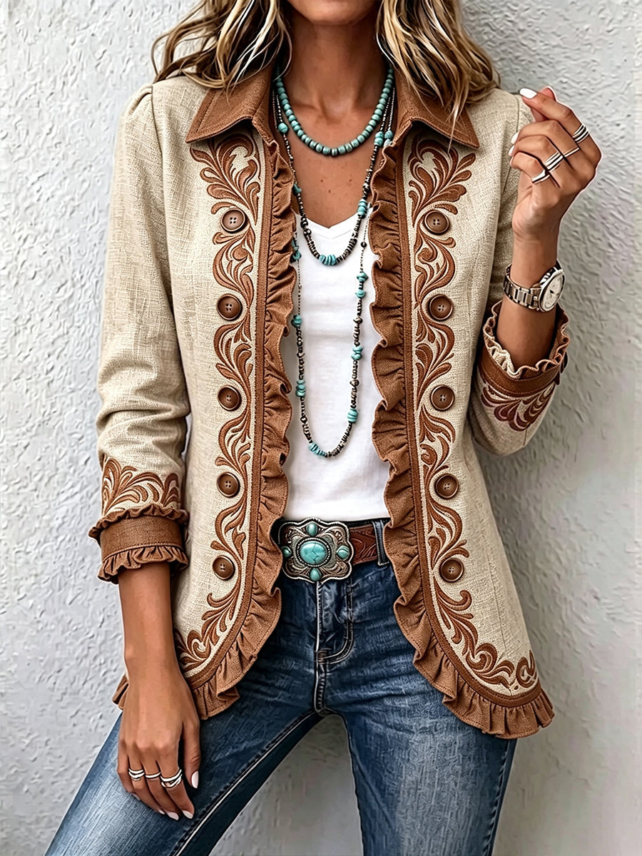 Dawncroft | Chaqueta vintage bohemia con volantes y estampado floral