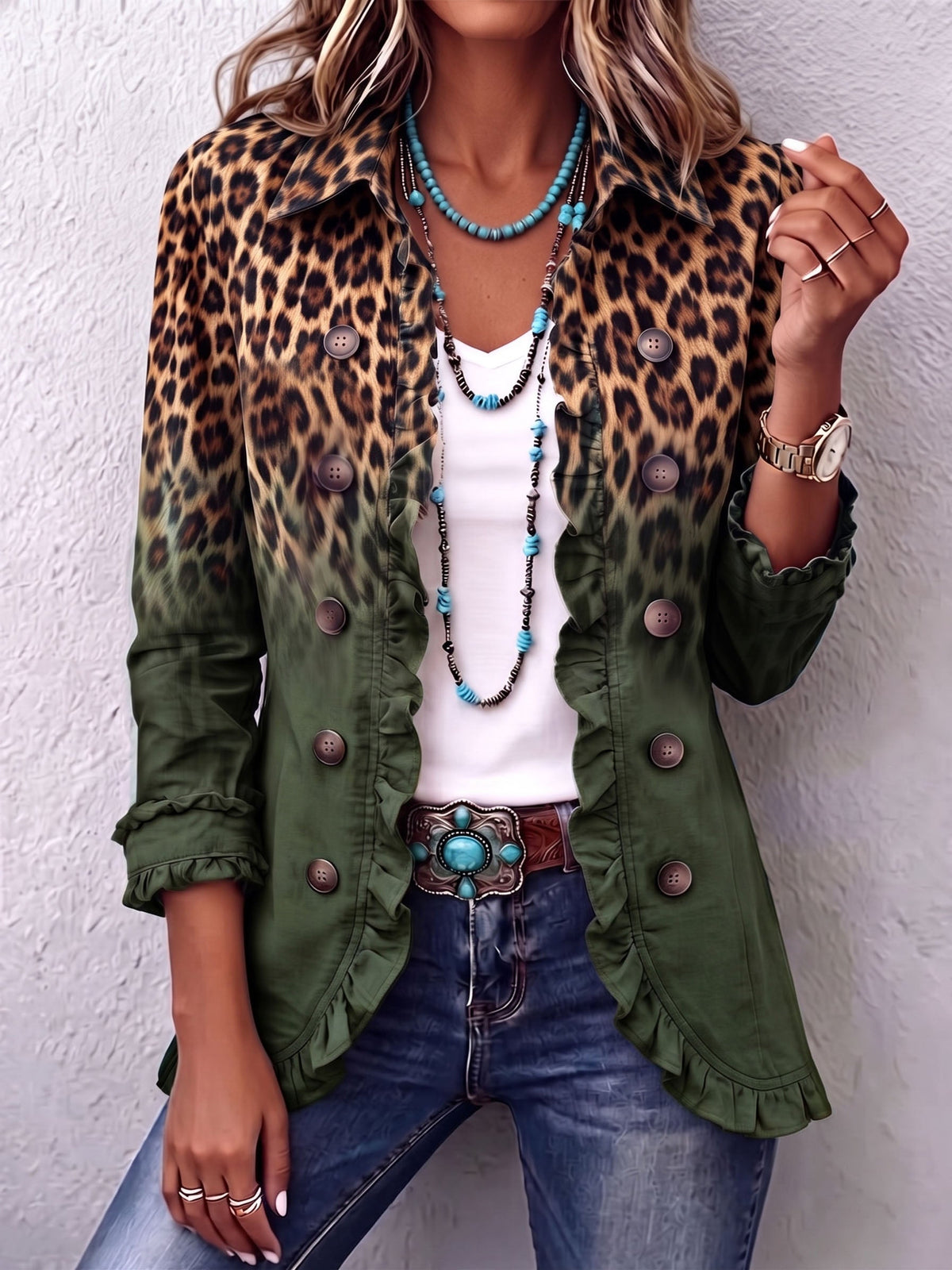 Elspeth | Chaqueta blazer de leopardo en degradado con volantes
