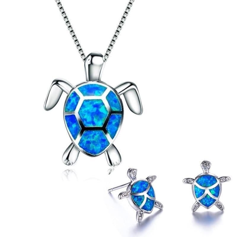 Conjunto de collar y pendientes de tortuga marina en ópalo y plateado