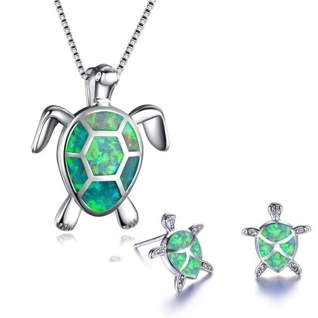 Conjunto de collar y pendientes de tortuga marina en ópalo y plateado